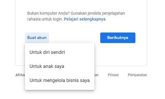 Memilih tujuan pembuatan email Gmail baru