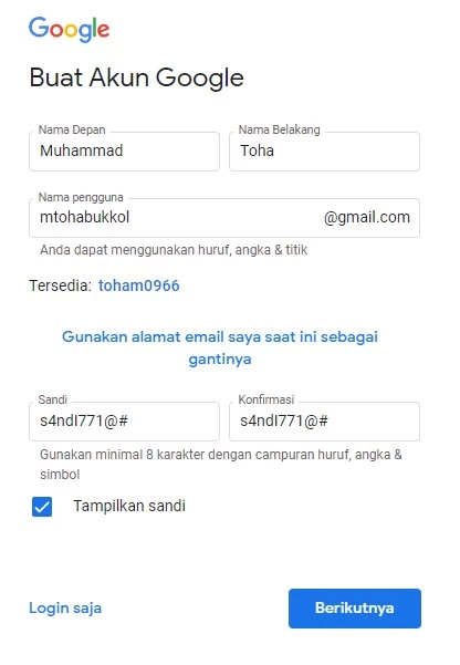 Mengisi data diri dalam membuat email Gmail