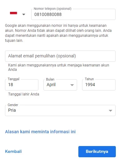 Mengisi nomor telpon untuk membuat email