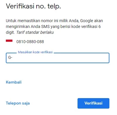 Verifikasi nomor telpon untuk membuat email Gmail