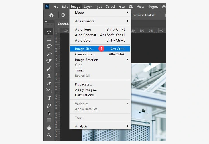 Pilih menu image size di photoshop